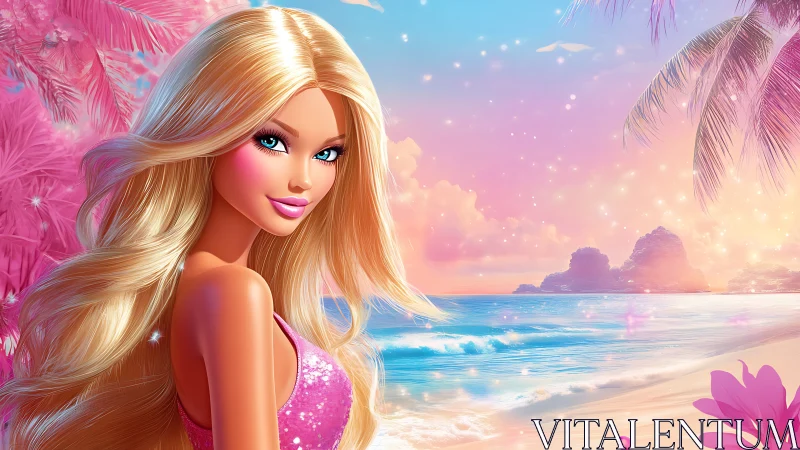 Blonde doll-inspired figure in neon pink tropical sunset seascape.
