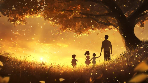 Golden sunset stroll with family under a glowing autumn tree.