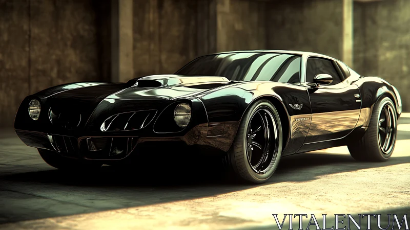 Midnight muscle coupe shimmering under warehouse sunlight.