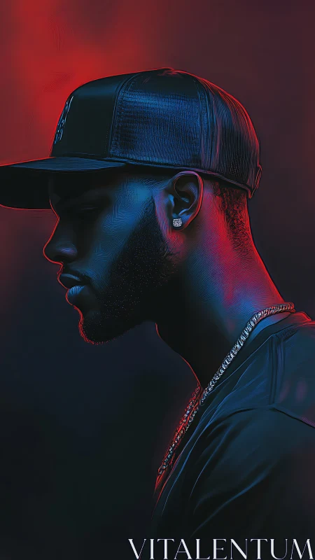 Neon rim-lit male profile in cap rendered as digital portrait