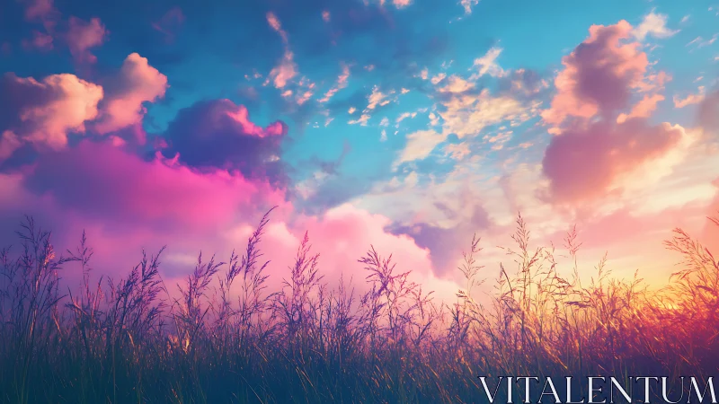 Sunlit wild grass silhouettes under vivid neon sunset sky