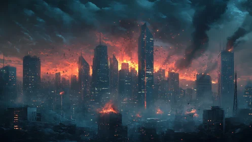 Fiery futuristic skyline glowing through stormy blue smoke.