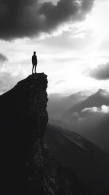 Solitary hiker stands on jagged cliff above misty peaks