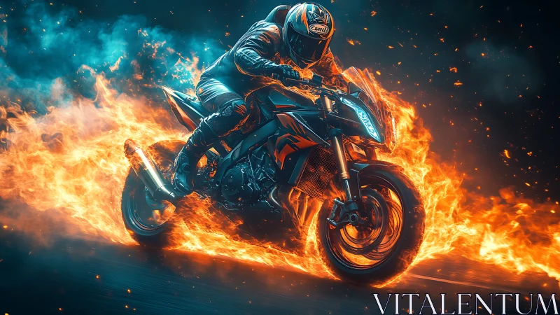 Motorcycle rider accelerates through cinematic corridor of flame