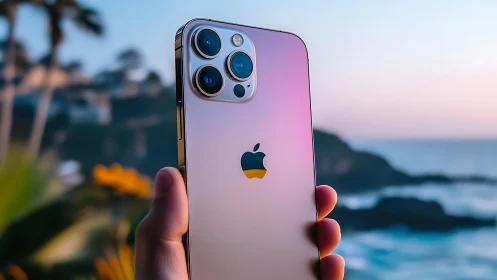 iPhone 14 Pro in pink gradient finish held outdoors with coastal background
