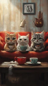 Three Cats on Red Sofa with Beverages in Vintage Interior.