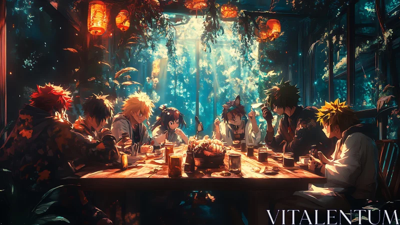 Sunlit anime supper in a leafy glasshouse sanctuary.