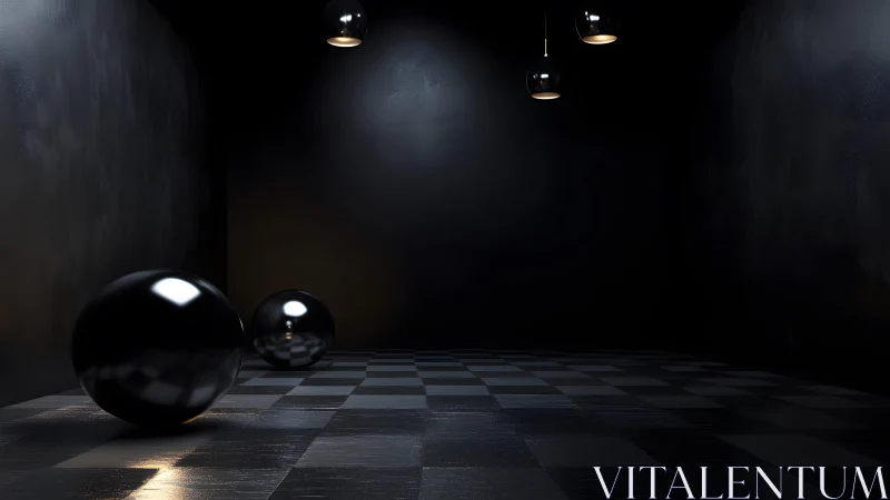 Glossy black spheres in dimly lit checkered interior space.