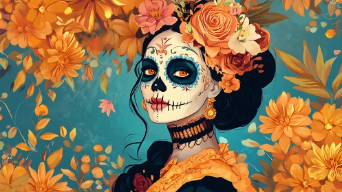 Dia de Muertos calavera portrait amid marigold bloom field.