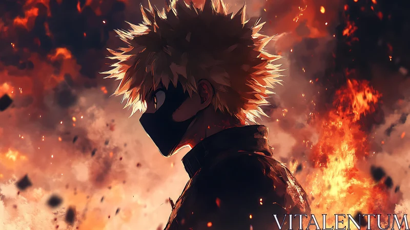 Masked anime fighter stands defiant amid swirling inferno.