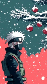 Masked character stands under snowy tree with ornaments