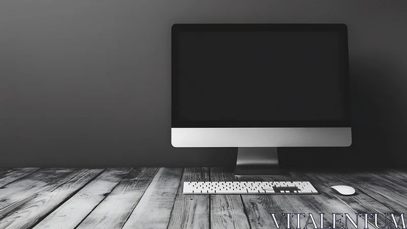 Minimal desktop workstation with widescreen display on wood