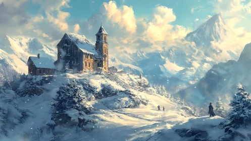 Snowbound monastery crowns a sunlit fantasy mountain pass.