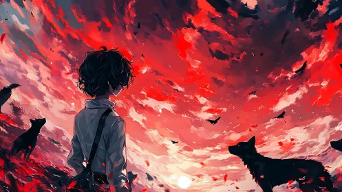 Child faces wolves under violent crimson storm sky.