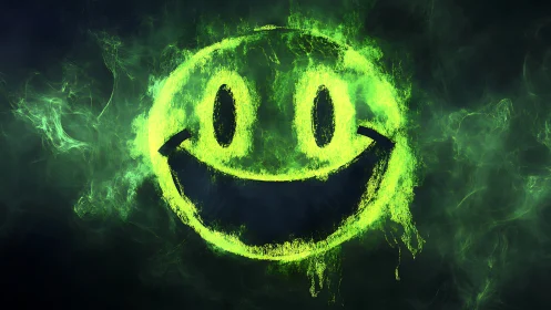 Glowing neon smiley face formed by fractal plasma haze