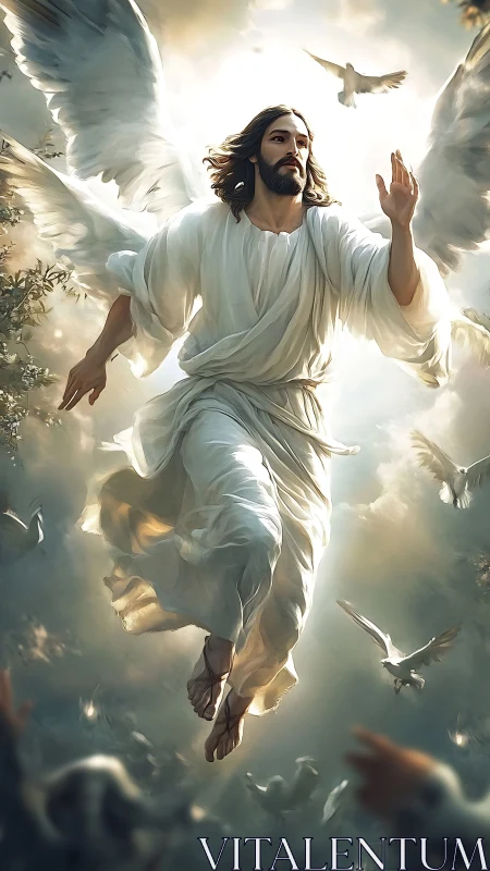 Radiant robed figure ascending through luminous clouds