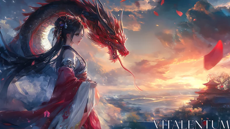 Dragon guardian and warrior princess watch a burning sky