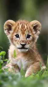 Lion cub portrait rests in grass with soft blurred background