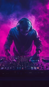 DJ lost in colorful neon beats at an electric night set.