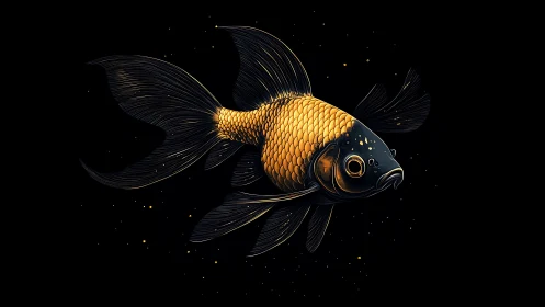 Starlit goldfish drifts through midnight velvet waters.