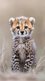 Juvenile cheetah cub portrait in shallow-depth savannah field