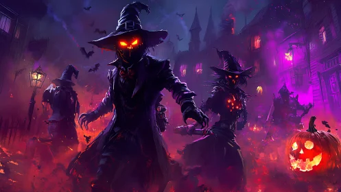 Pumpkin headed scarecrow figures advance through burning street