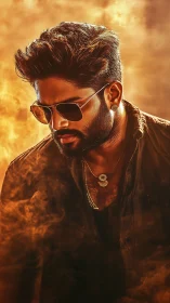 Cinematic male portrait in amber smoke with rim lighting glow.