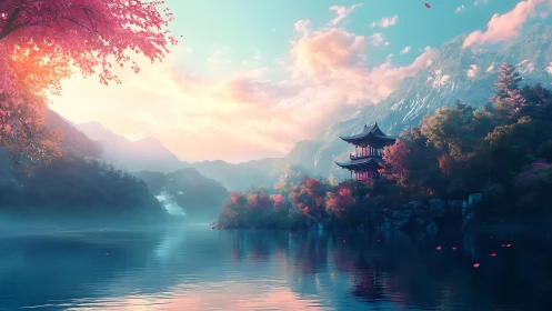 Lakeside pagoda under pastel dawn sky in misty mountains.