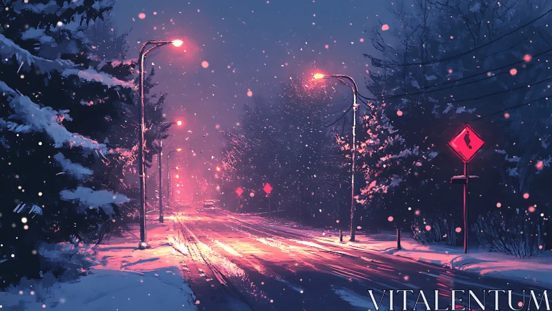 Snowy suburban road under neon streetlights at dusk.