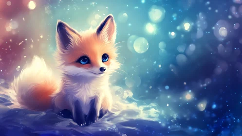 Young fox sits in glowing bokeh field under cool light