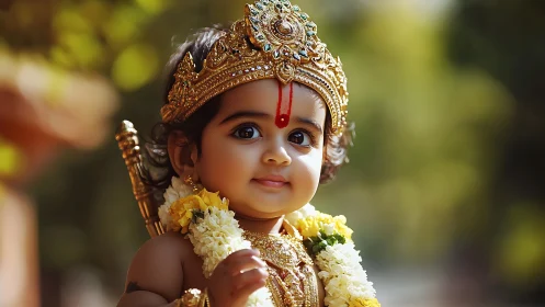 Little Krishna-inspired baby wrapped in golden festival glow.