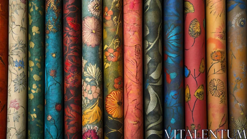 Rolled floral textiles stand upright in tightly packed row