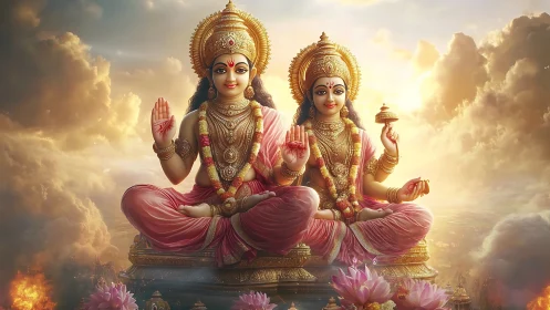 Symmetric twin deities in ornate gold crowns amid volumetric clouds