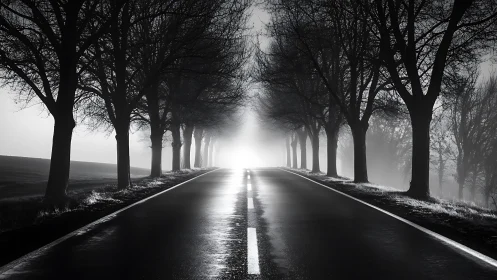 Midnight avenue sprinting toward a restless halo of light.