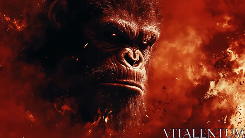 Simian warlord emerges from inferno-clouds of burning dusk.