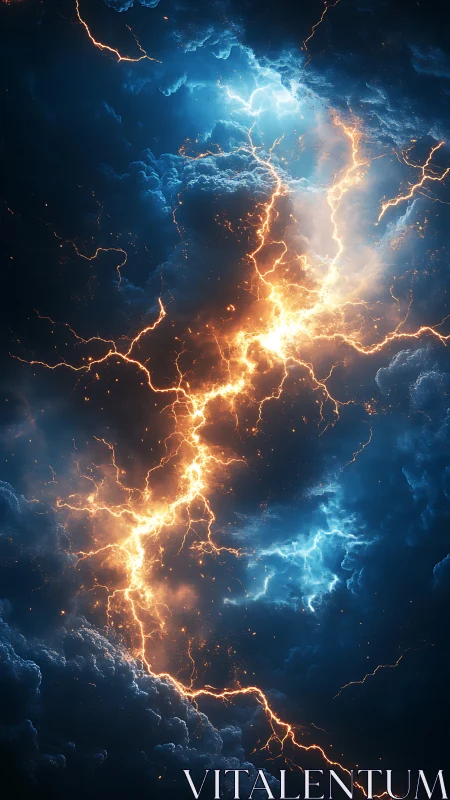Electric storm rift splits glowing blue and amber clouds.