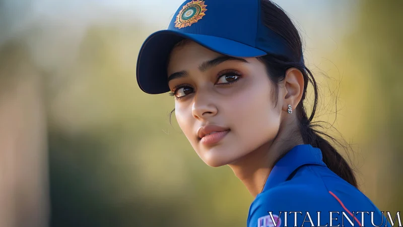 Young female cricket player in blue uniform, natural outdoor portrait.