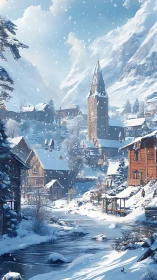 Snow-covered alpine village with river and stone church tower