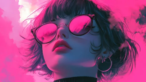 Neon pink portrait of woman in sunglasses against sky.
