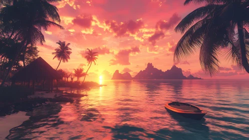 Sunset lagoon shimmers beneath flaming cotton candy skies.