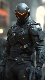 Cyberpunk exosuit operative in tactical urban portrait rendering.