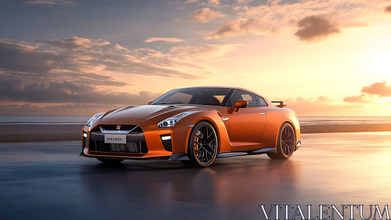 Orange sports coupe stands on reflective coastal roadway at dusk