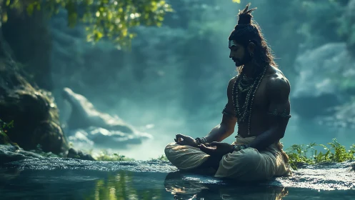 Mystic yogi in tranquil forest clearing beside river pool.