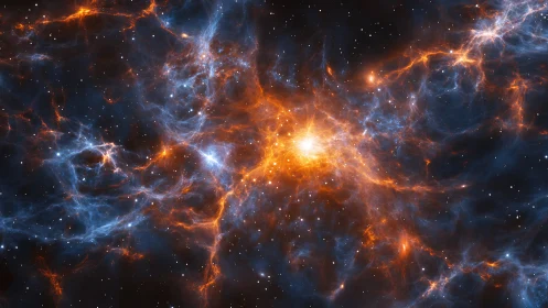 Stellar nebula network with radiant orange-blue gas filaments.