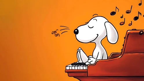 Cartoon beagle plays upright piano against vivid orange backdrop