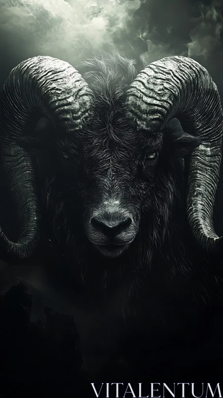 Stormlit ram guardian gazing out from the shadows.