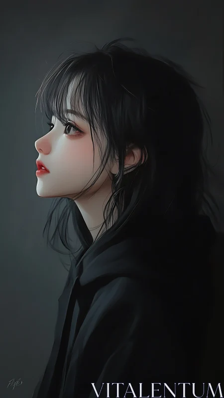 Side-profile digital portrait of pensive girl in low-key light.