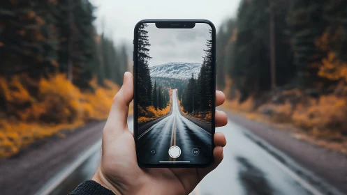 Phone-framed autumn road leading toward misty mountain horizon.