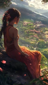 Woman in flowing red dress overlooks sunlit valley village