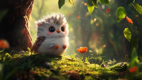 Adorable Fluffy Owl Chick in Enchanted Forest, Whimsical Art.